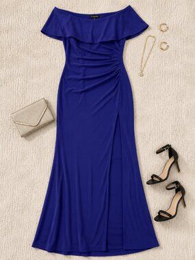 Xscape Plus 22W Royal Blue Evening Gown Off Shoulder Ruched Wedding Guest